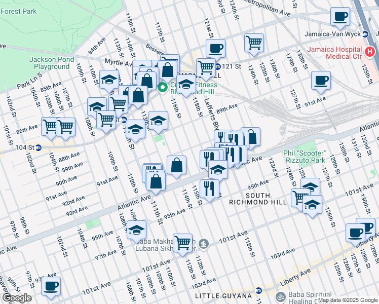 map of restaurants, bars, coffee shops, grocery stores, and more near 115-16 91st Avenue in Queens