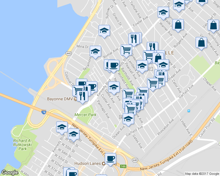 map of restaurants, bars, coffee shops, grocery stores, and more near 213 Seaview Avenue in Jersey City