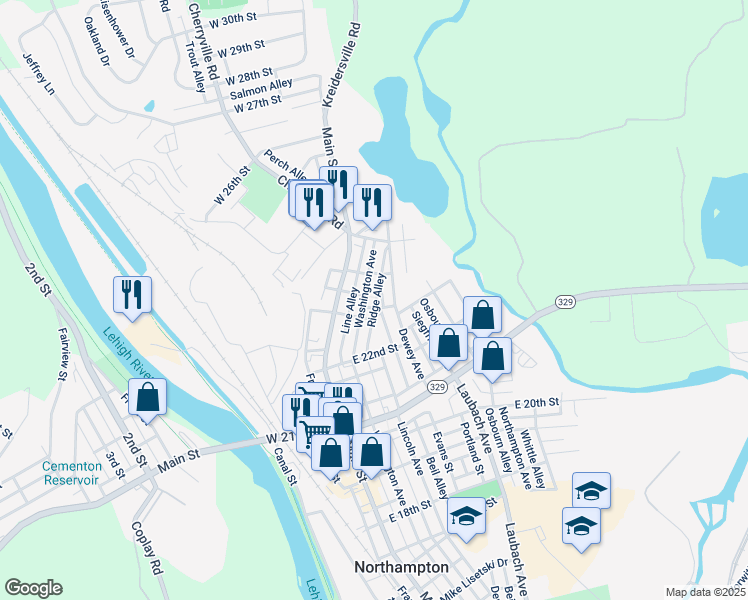 map of restaurants, bars, coffee shops, grocery stores, and more near 2331 Ridge Alley in Northampton