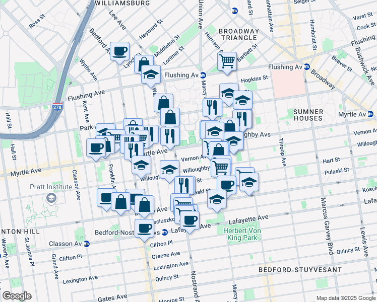 map of restaurants, bars, coffee shops, grocery stores, and more near 774 Myrtle Avenue in Brooklyn