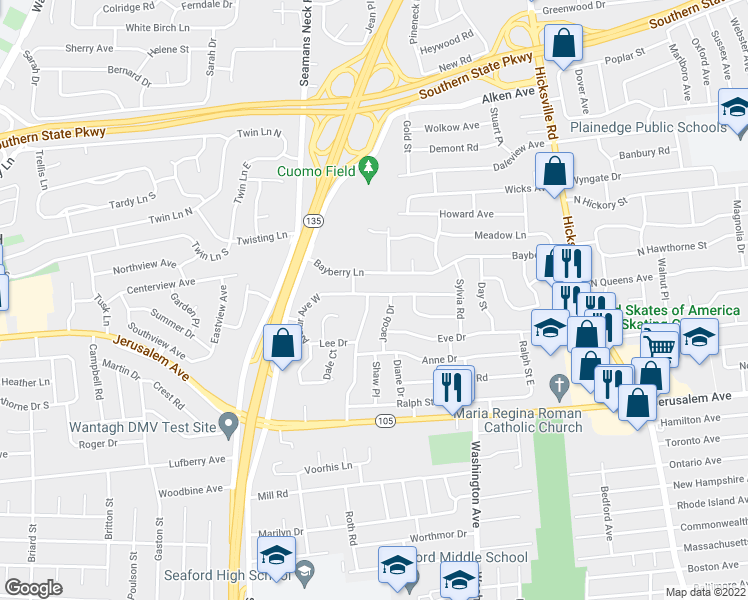 map of restaurants, bars, coffee shops, grocery stores, and more near 3900 Arthur Avenue North in Seaford