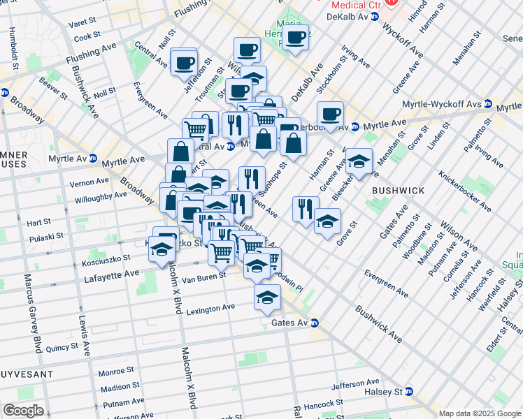 map of restaurants, bars, coffee shops, grocery stores, and more near 330 Evergreen Avenue in Brooklyn
