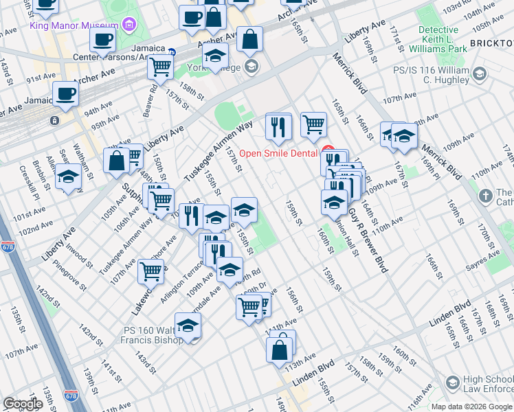map of restaurants, bars, coffee shops, grocery stores, and more near 107-55 157th Street in Queens