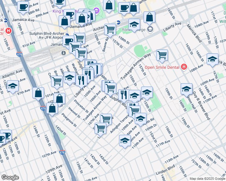 map of restaurants, bars, coffee shops, grocery stores, and more near 14726 Tuskegee Airmen Way in Queens