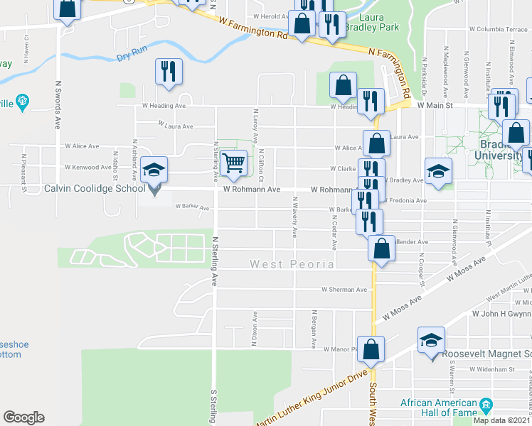 map of restaurants, bars, coffee shops, grocery stores, and more near 2304 West Barker Avenue in West Peoria
