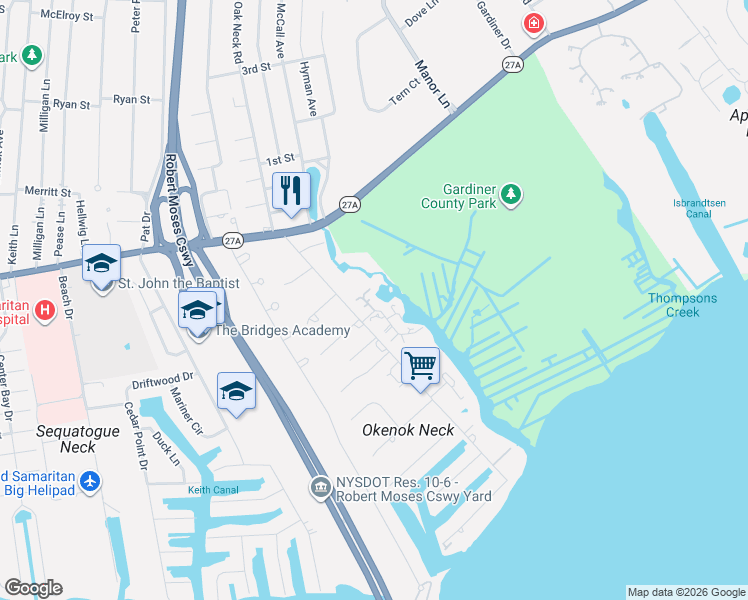 map of restaurants, bars, coffee shops, grocery stores, and more near 7 True Harbour Way in West Islip