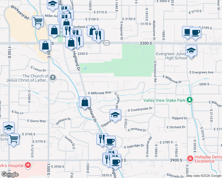 map of restaurants, bars, coffee shops, grocery stores, and more near 1615 East Millcreek Way in Salt Lake City