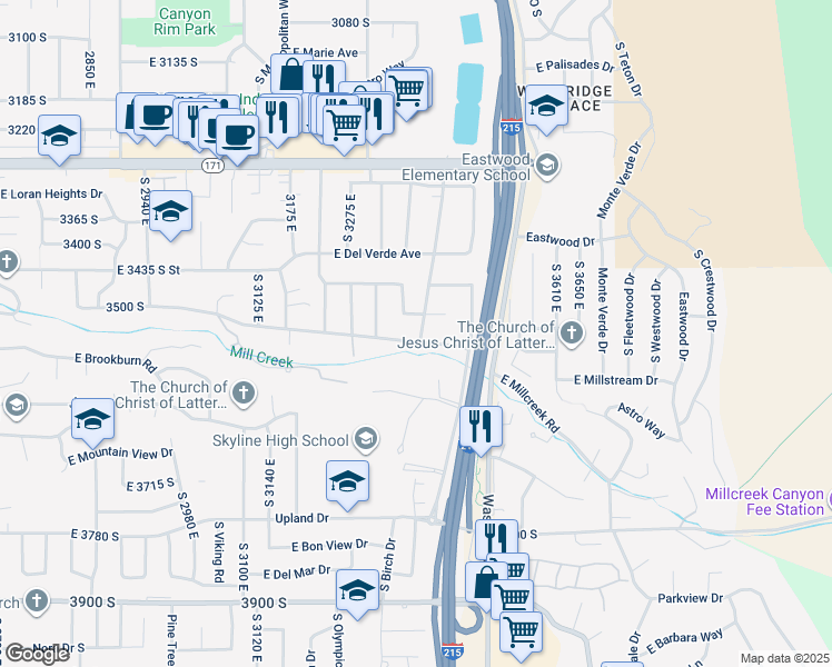 map of restaurants, bars, coffee shops, grocery stores, and more near 3341 Mill Creek Canyon Road in Salt Lake City