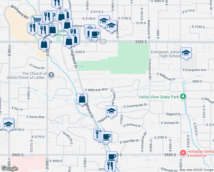 map of restaurants, bars, coffee shops, grocery stores, and more near 3520 Mill Hollow Circle in Salt Lake City