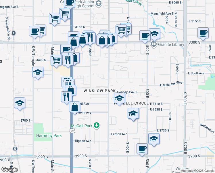 map of restaurants, bars, coffee shops, grocery stores, and more near 268 Millpoint Place in South Salt Lake