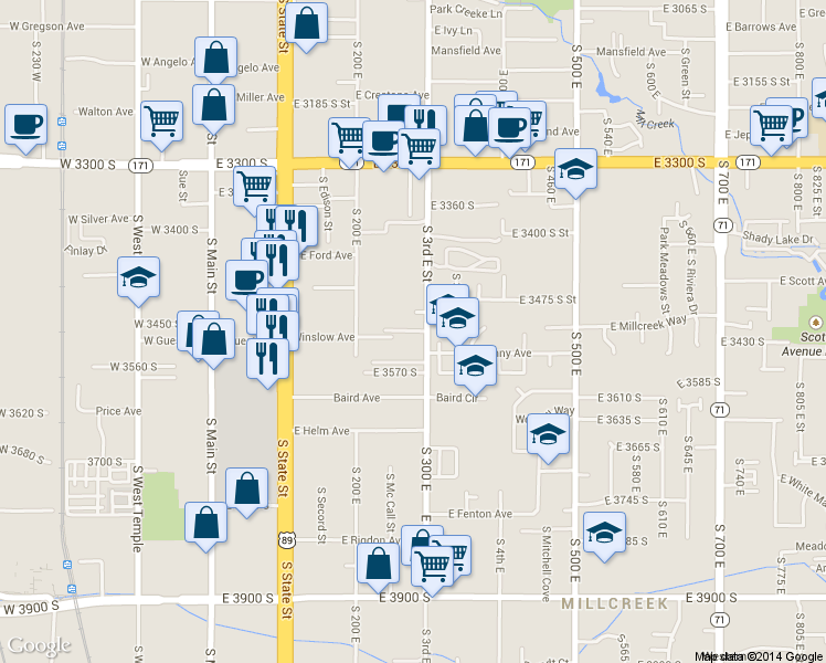 map of restaurants, bars, coffee shops, grocery stores, and more near 268 Millpoint Place in South Salt Lake