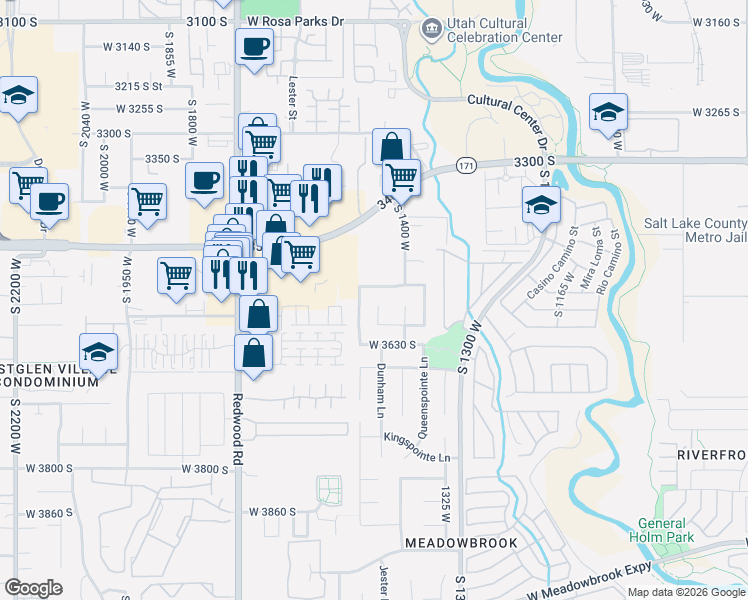 map of restaurants, bars, coffee shops, grocery stores, and more near 3577 Kingdom Court in West Valley City