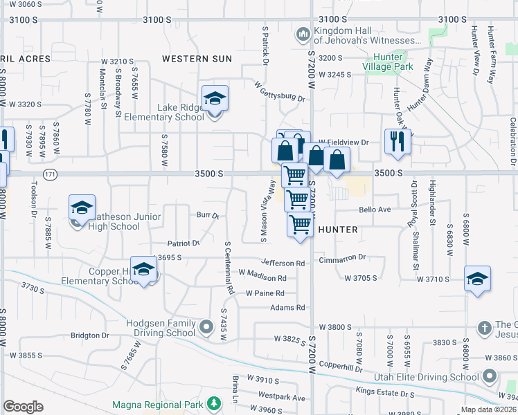 map of restaurants, bars, coffee shops, grocery stores, and more near 3550 South Mason Vista Way in Magna