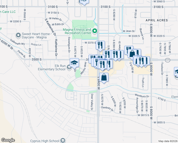 map of restaurants, bars, coffee shops, grocery stores, and more near 3559 Porterfield Place in Magna