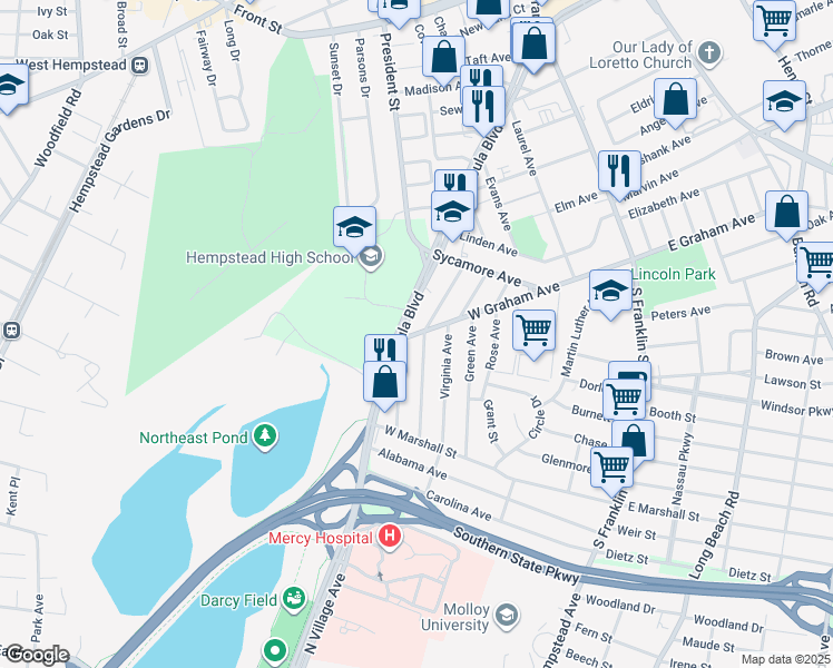 map of restaurants, bars, coffee shops, grocery stores, and more near 193 West Graham Avenue in Hempstead
