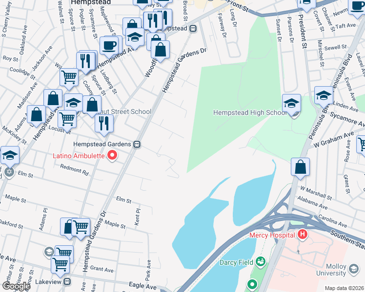 map of restaurants, bars, coffee shops, grocery stores, and more near 588 Linden Street in West Hempstead