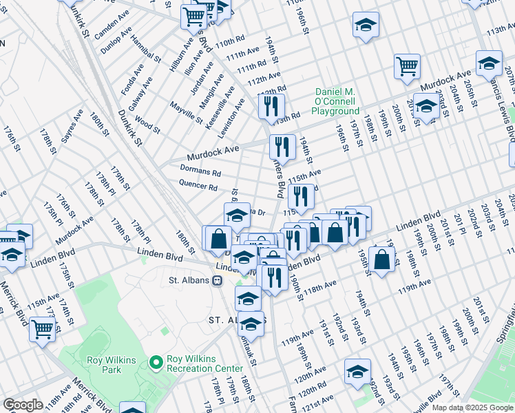 map of restaurants, bars, coffee shops, grocery stores, and more near 190-20 Quencer Road in Queens