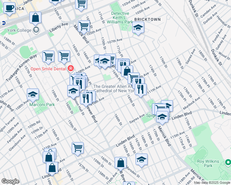 map of restaurants, bars, coffee shops, grocery stores, and more near 167-16 Brinkerhoff Avenue in Queens