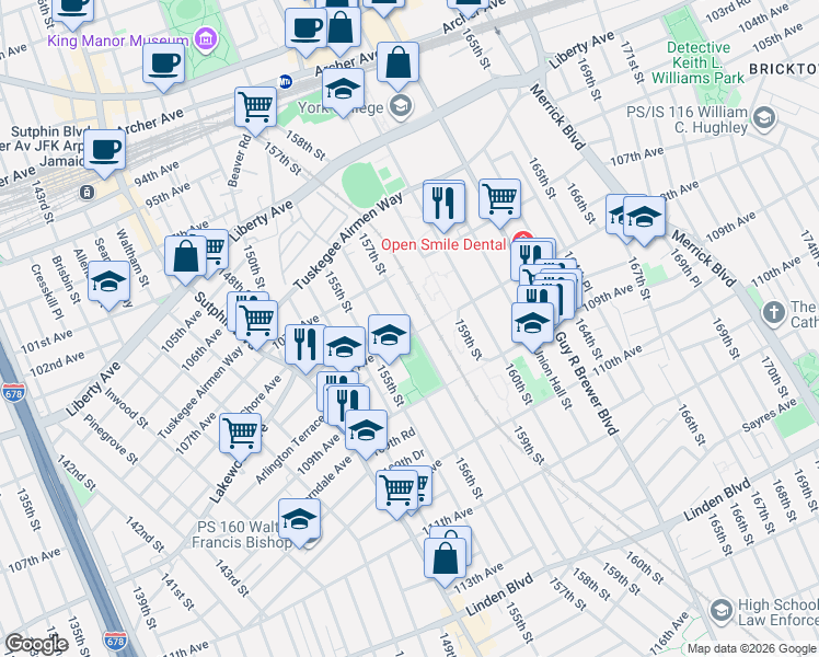 map of restaurants, bars, coffee shops, grocery stores, and more near 107-55 157th Street in Queens