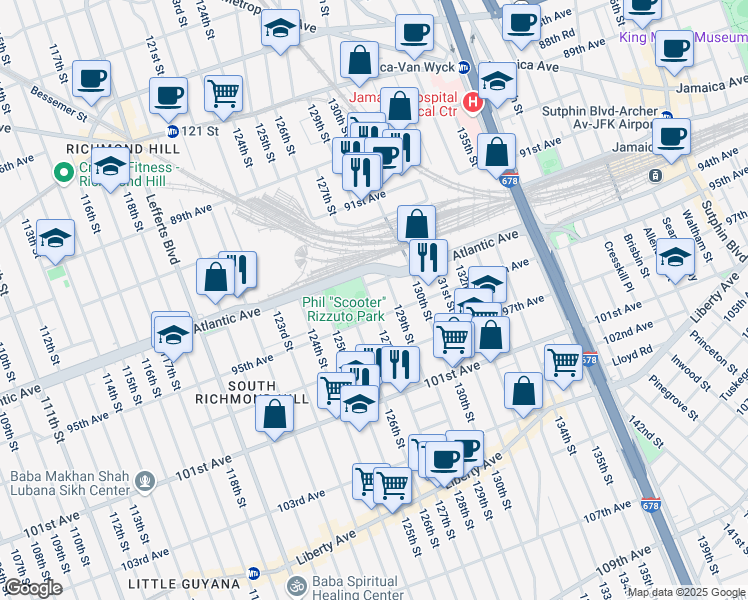 map of restaurants, bars, coffee shops, grocery stores, and more near 9407 127th Street in Queens