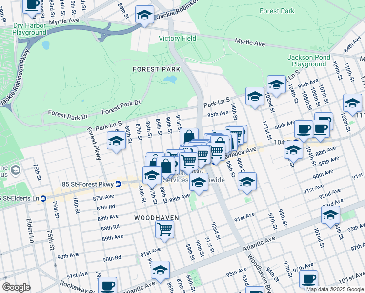 map of restaurants, bars, coffee shops, grocery stores, and more near 86-09 91st Street in Queens