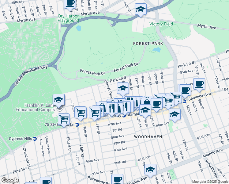 map of restaurants, bars, coffee shops, grocery stores, and more near 85-29 Forest Parkway in Queens