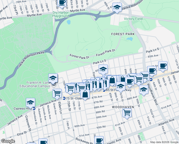 map of restaurants, bars, coffee shops, grocery stores, and more near 80-09 85th Road in Queens