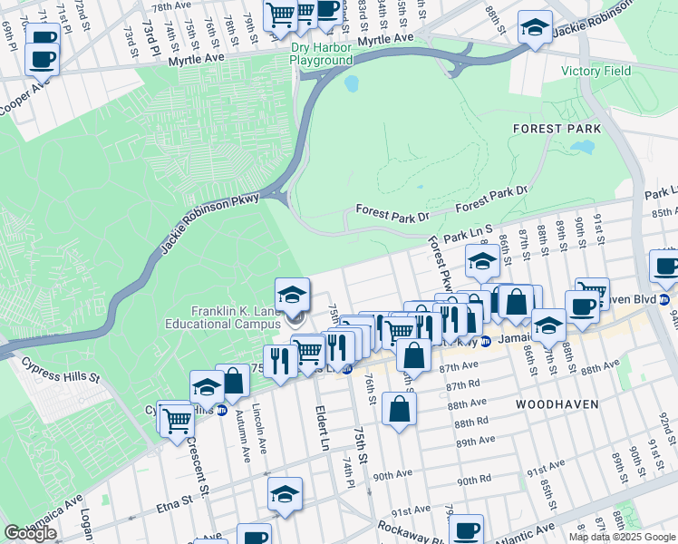 map of restaurants, bars, coffee shops, grocery stores, and more near 74-34 Park Lane South in Queens