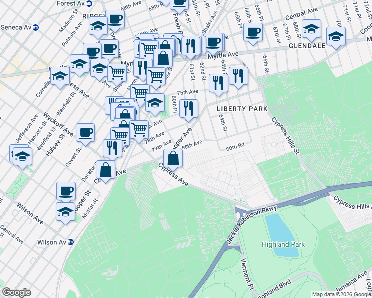 map of restaurants, bars, coffee shops, grocery stores, and more near 60-28 80th Avenue in Queens