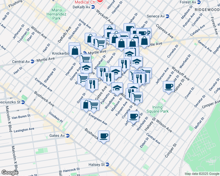 map of restaurants, bars, coffee shops, grocery stores, and more near 222 Palmetto Street in Brooklyn