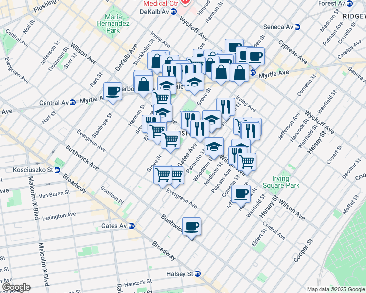map of restaurants, bars, coffee shops, grocery stores, and more near 1329 Gates Avenue in Brooklyn