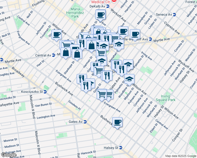 map of restaurants, bars, coffee shops, grocery stores, and more near 344 Central Avenue in Brooklyn