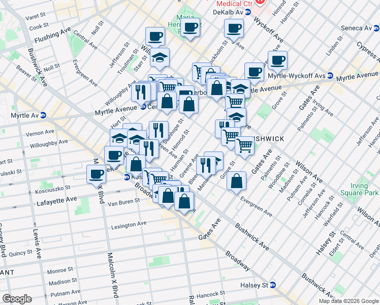 map of restaurants, bars, coffee shops, grocery stores, and more near 1157 Greene Avenue in Brooklyn