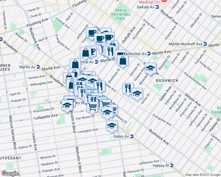 map of restaurants, bars, coffee shops, grocery stores, and more near 28 Stanhope Street in Brooklyn