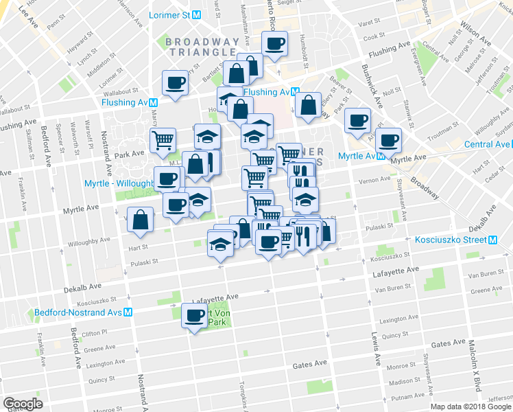 map of restaurants, bars, coffee shops, grocery stores, and more near 198 Vernon Avenue in Brooklyn