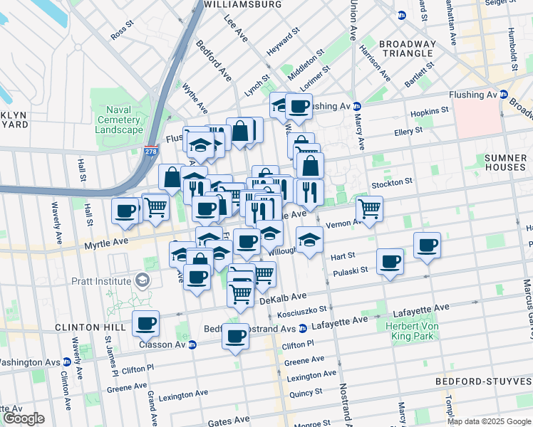 map of restaurants, bars, coffee shops, grocery stores, and more near in Brooklyn