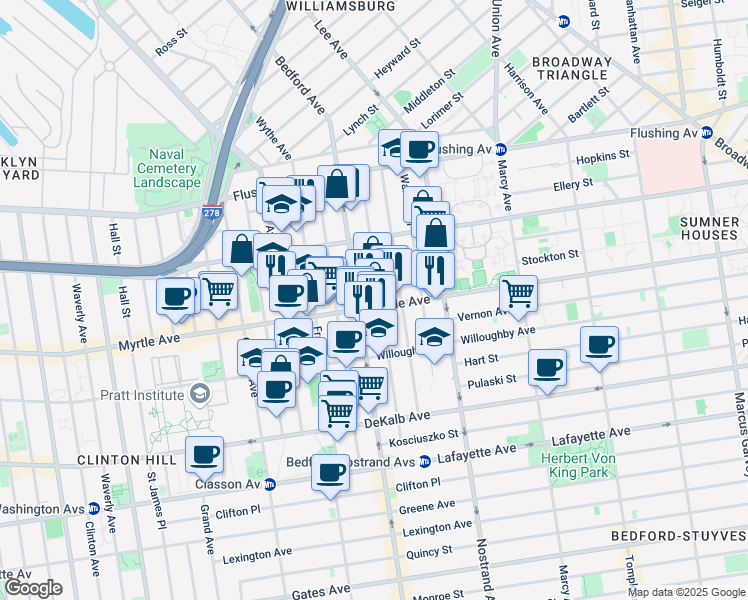 map of restaurants, bars, coffee shops, grocery stores, and more near 684 Myrtle Avenue in Brooklyn