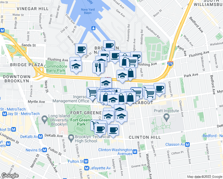 map of restaurants, bars, coffee shops, grocery stores, and more near 89 Clermont Avenue in Brooklyn