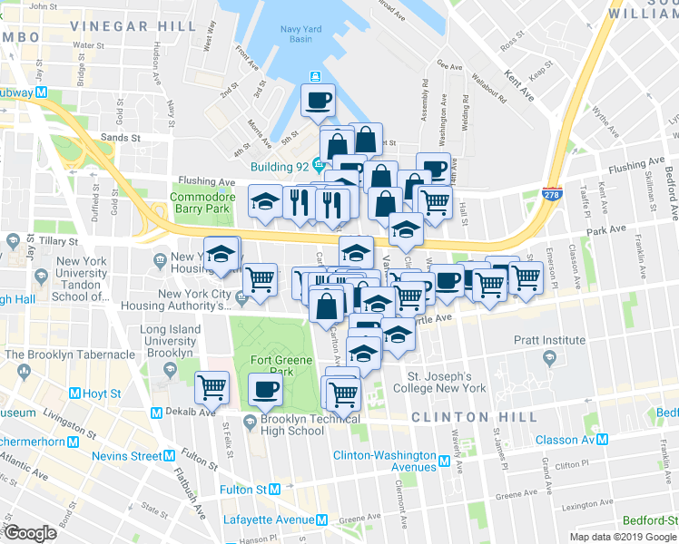 map of restaurants, bars, coffee shops, grocery stores, and more near 94 Adelphi Street in Brooklyn