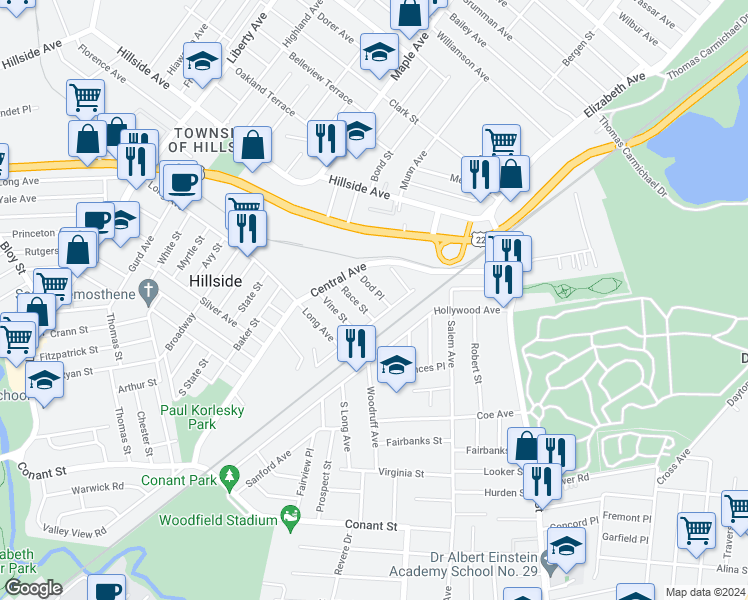 map of restaurants, bars, coffee shops, grocery stores, and more near 9 Dod Place in Hillside