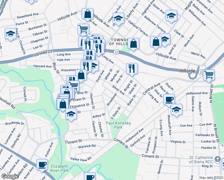 map of restaurants, bars, coffee shops, grocery stores, and more near 205 Boston Avenue in Hillside