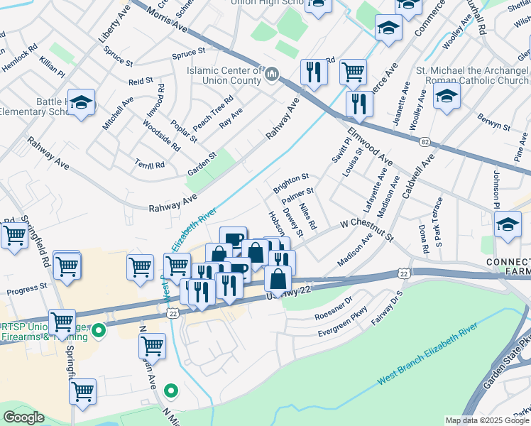 map of restaurants, bars, coffee shops, grocery stores, and more near 876 Hobson Street in Union