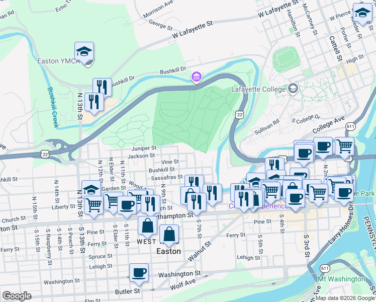 map of restaurants, bars, coffee shops, grocery stores, and more near 711 Jackson Street in Easton
