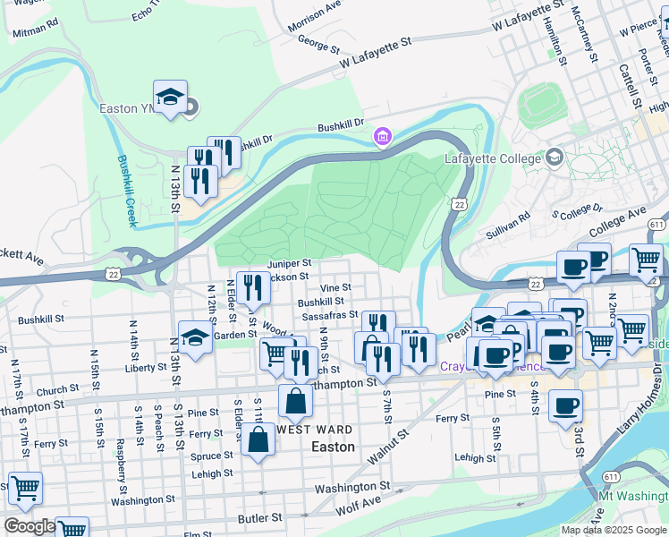 map of restaurants, bars, coffee shops, grocery stores, and more near 813 Jackson Street in Easton