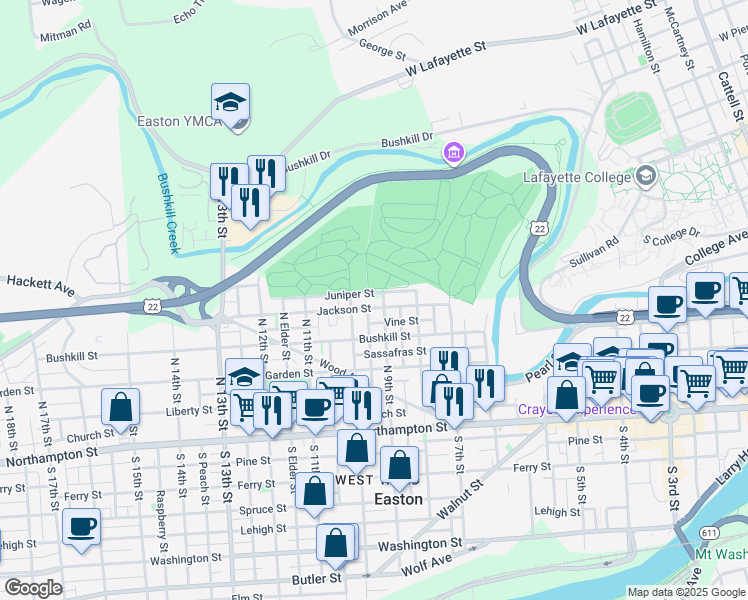 map of restaurants, bars, coffee shops, grocery stores, and more near 913 Jackson Street in Easton