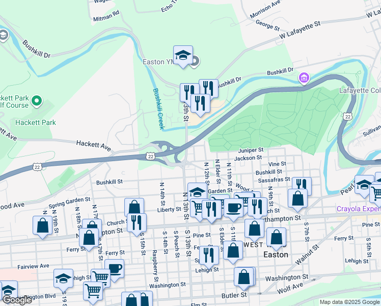 map of restaurants, bars, coffee shops, grocery stores, and more near 413 North 13th Street in Easton