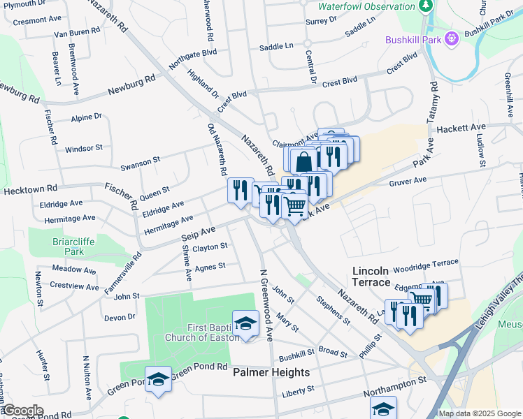 map of restaurants, bars, coffee shops, grocery stores, and more near 11 Maplecroft Avenue in Easton