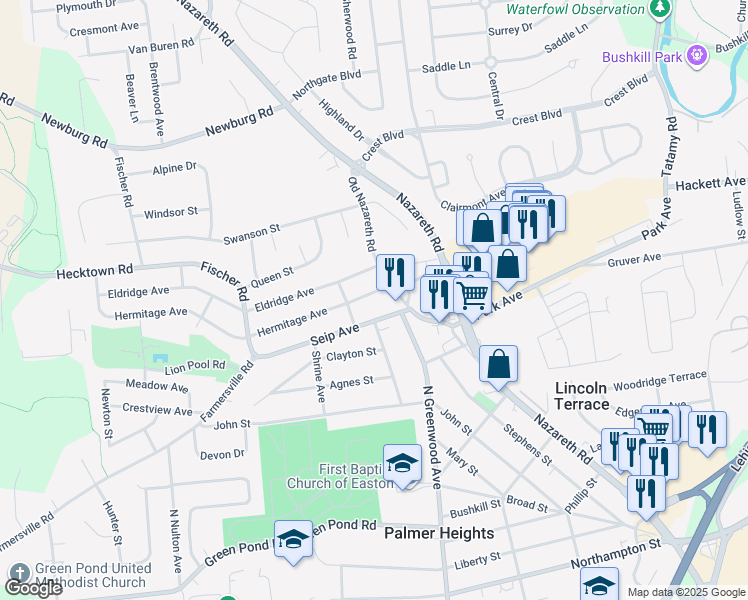 map of restaurants, bars, coffee shops, grocery stores, and more near 2508 Hermitage Avenue in Easton