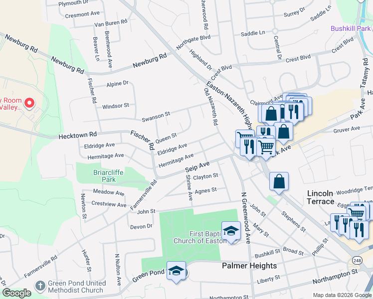 map of restaurants, bars, coffee shops, grocery stores, and more near 2650 Eldridge Avenue in Easton