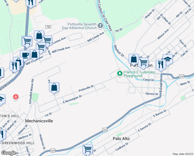 map of restaurants, bars, coffee shops, grocery stores, and more near 176 Pottsville Street in Port Carbon